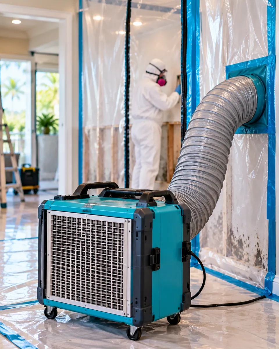 HEPA air scrubber and poly containment set up for mold remediation in North Palm Beach