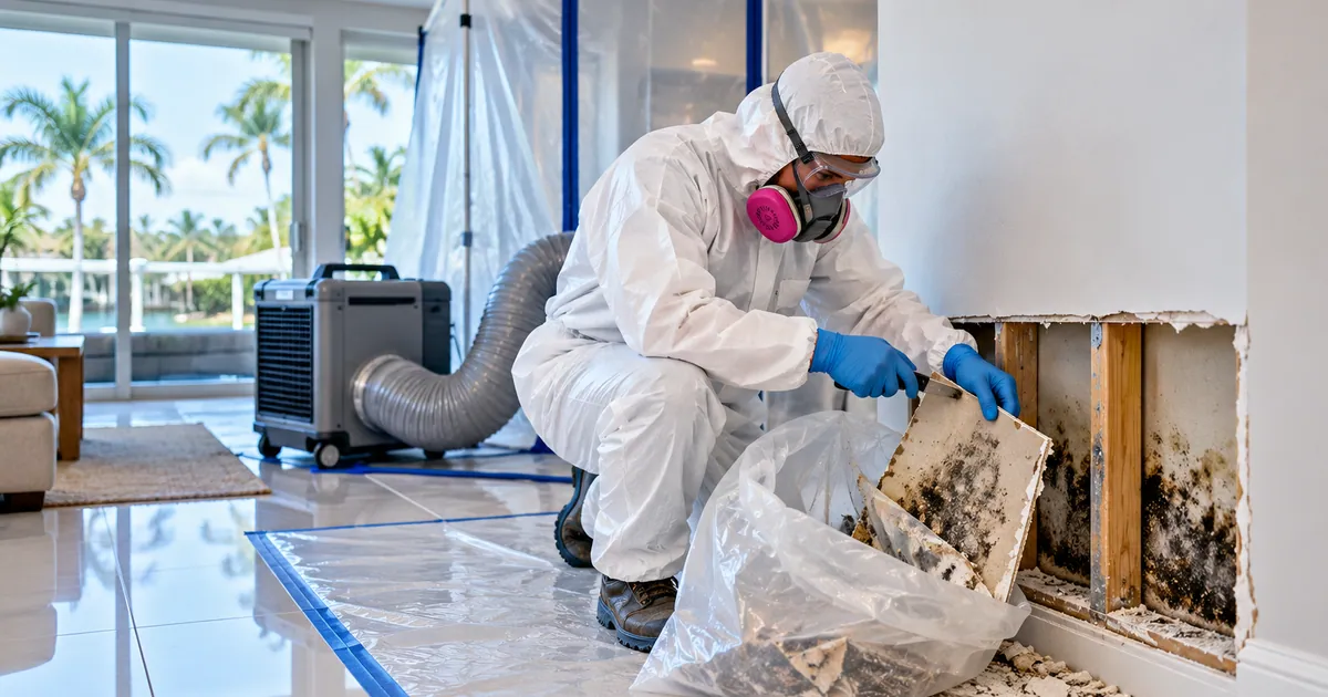 Closing-Ready Mold Removal in North Palm Beach, FL — technician removing mold under containment